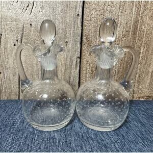 Set Czech Clear Art Glass Controlled Bubble Decanter w/ Handle  Stopper Small 5"